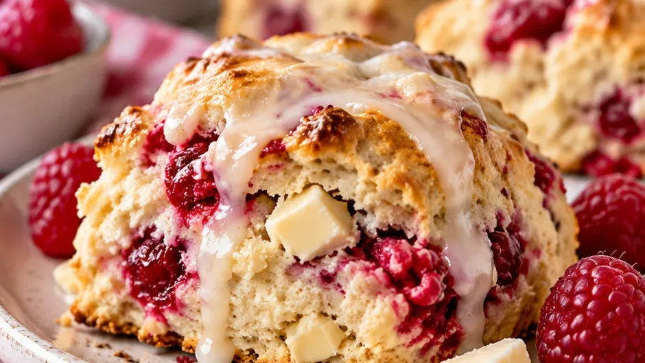 Foto de scones de Chocolate Branco com Framboesa pronto para servir