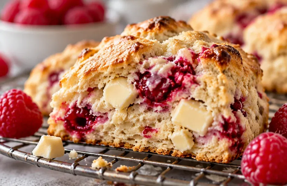 Outra foto de scones de Chocolate Branco com Framboesa