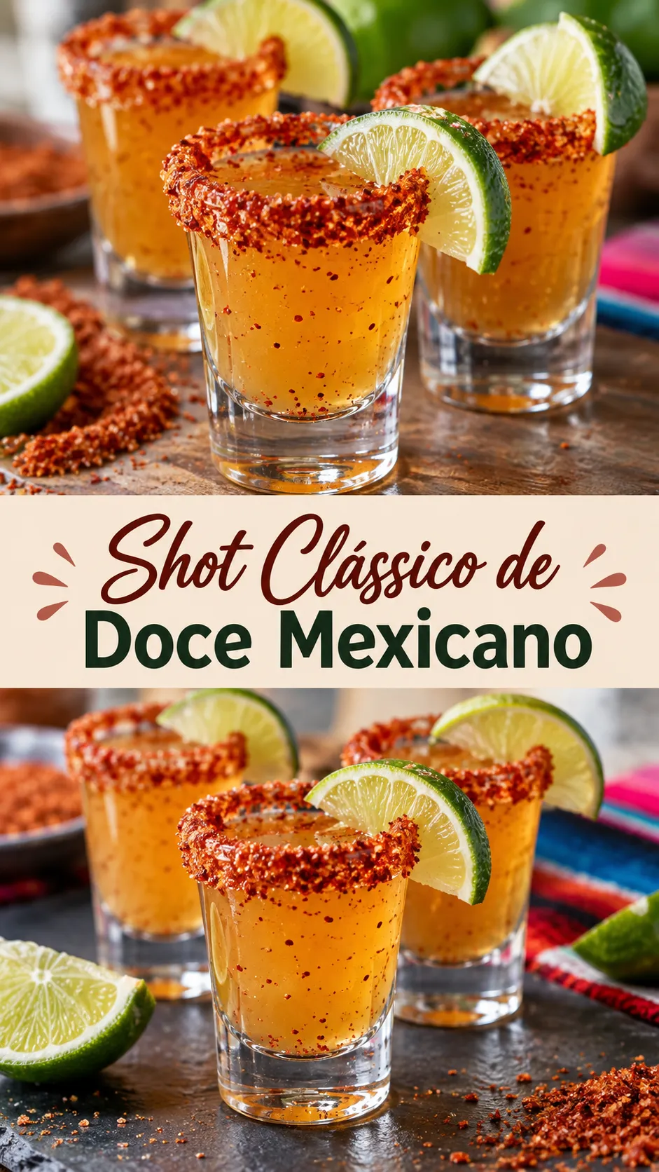 Imagem para o Pinterest com o título “Shot Clássico de Doce Mexicano” e duas fotos da receita