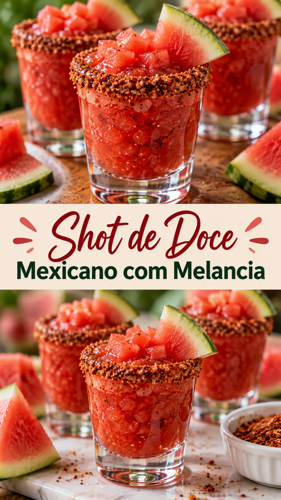 Imagem para o Pinterest com o título “Shot de Doce Mexicano com Melancia” e duas fotos da receita