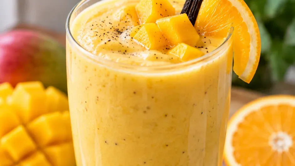 Foto de smoothie Cremoso de Manga e Laranja com Baunilha pronto para servir