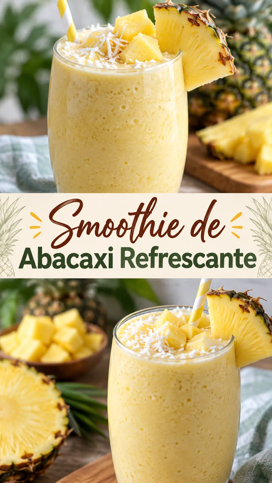 Imagem para o Pinterest com o título “Smoothie de Abacaxi Refrescante” e duas fotos da receita