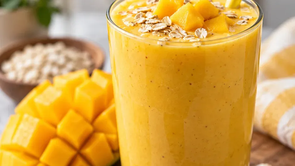Foto de smoothie de Manga com Leite de Aveia pronto para servir