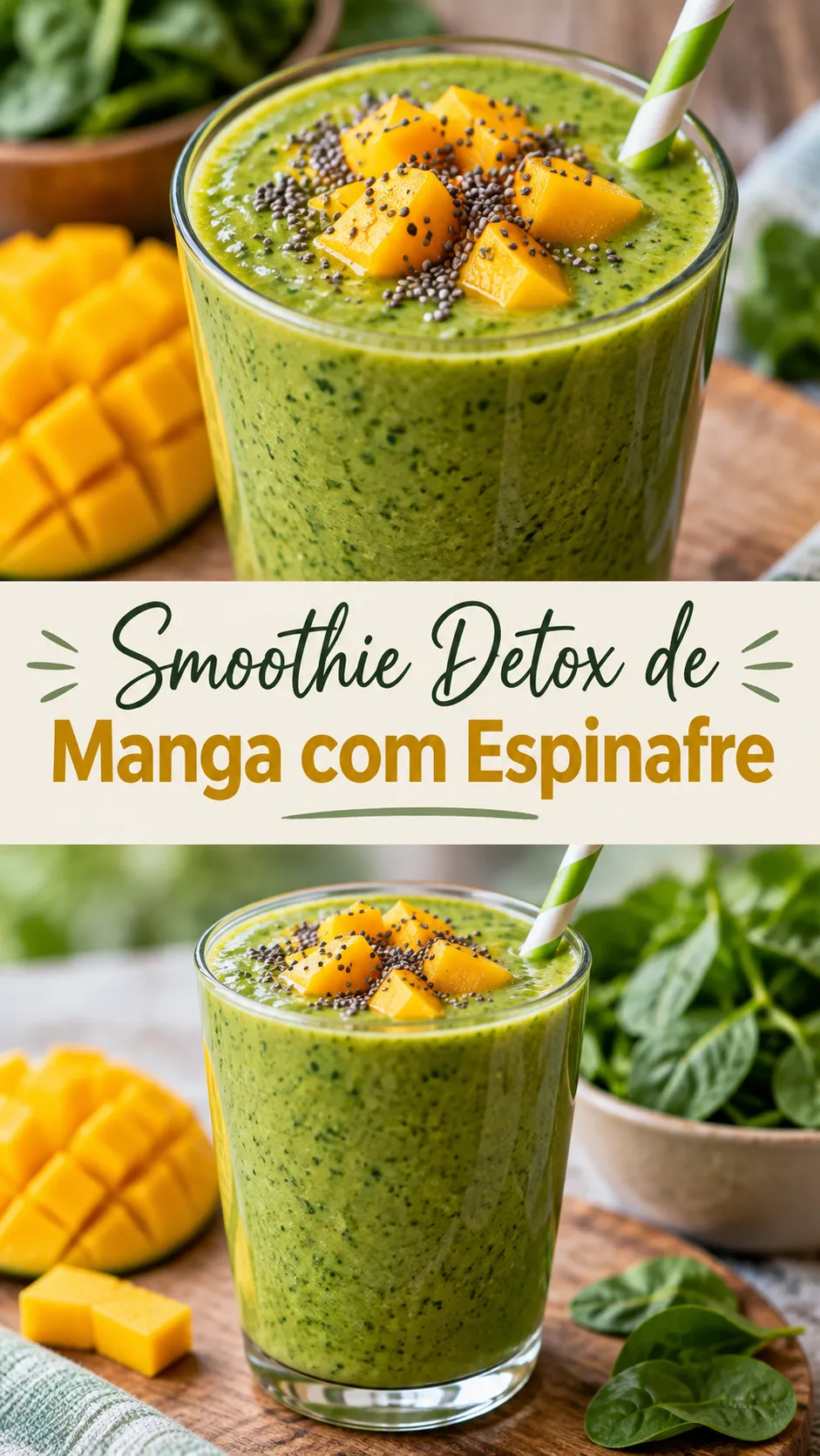 Imagem para o Pinterest com o título “Smoothie Detox de Manga com Espinafre” e duas fotos da receita