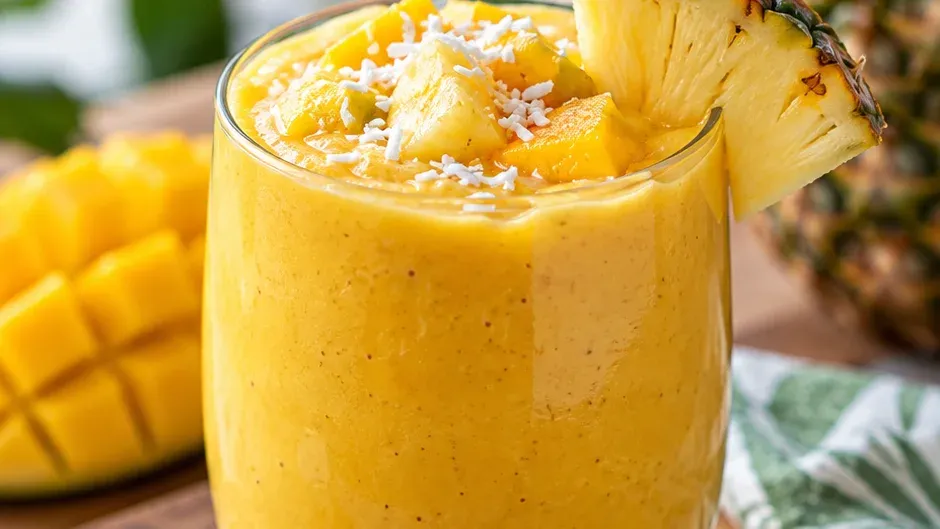 Foto de smoothie Tropical de Manga e Abacaxi pronto para servir