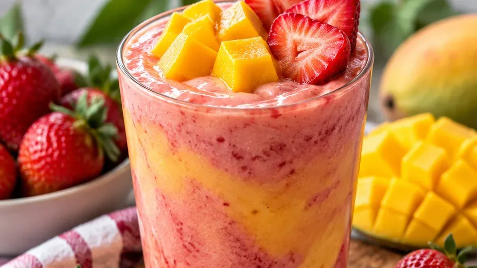 Copo de smoothie em camadas rosa e amarela, coberto com cubos de manga e morangos fatiados