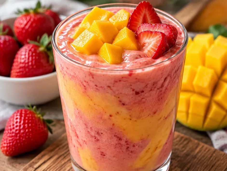 Copo de smoothie de morango e manga com morangos frescos e manga cortada ao fundo