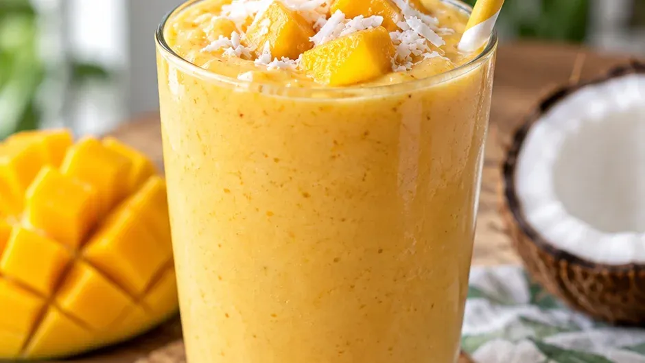Foto de smoothie Vegano de Manga e Coco pronto para servir