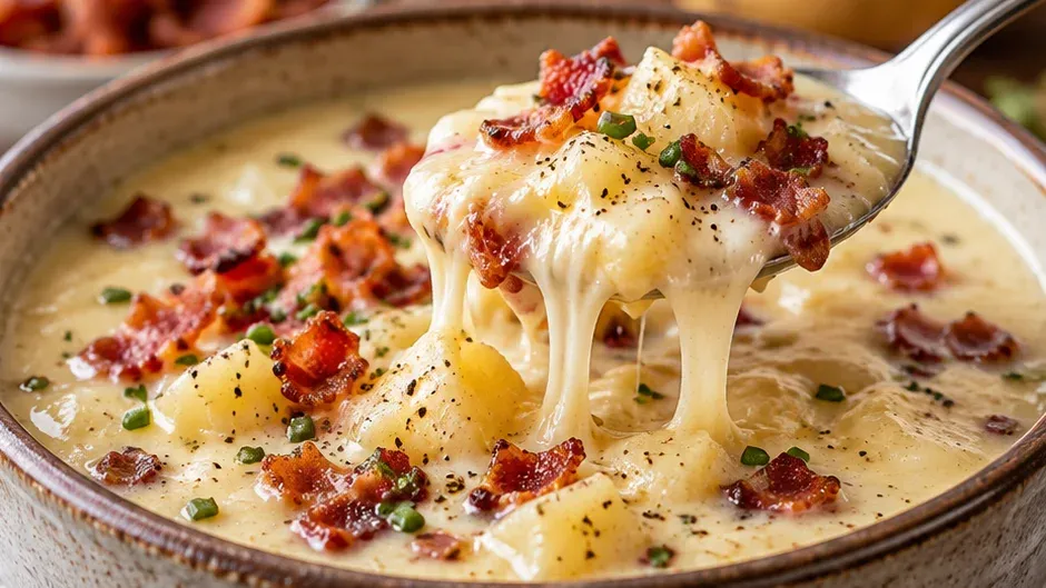 Foto de sopa Cremosa de Batata com Bacon e Queijo pronto para servir