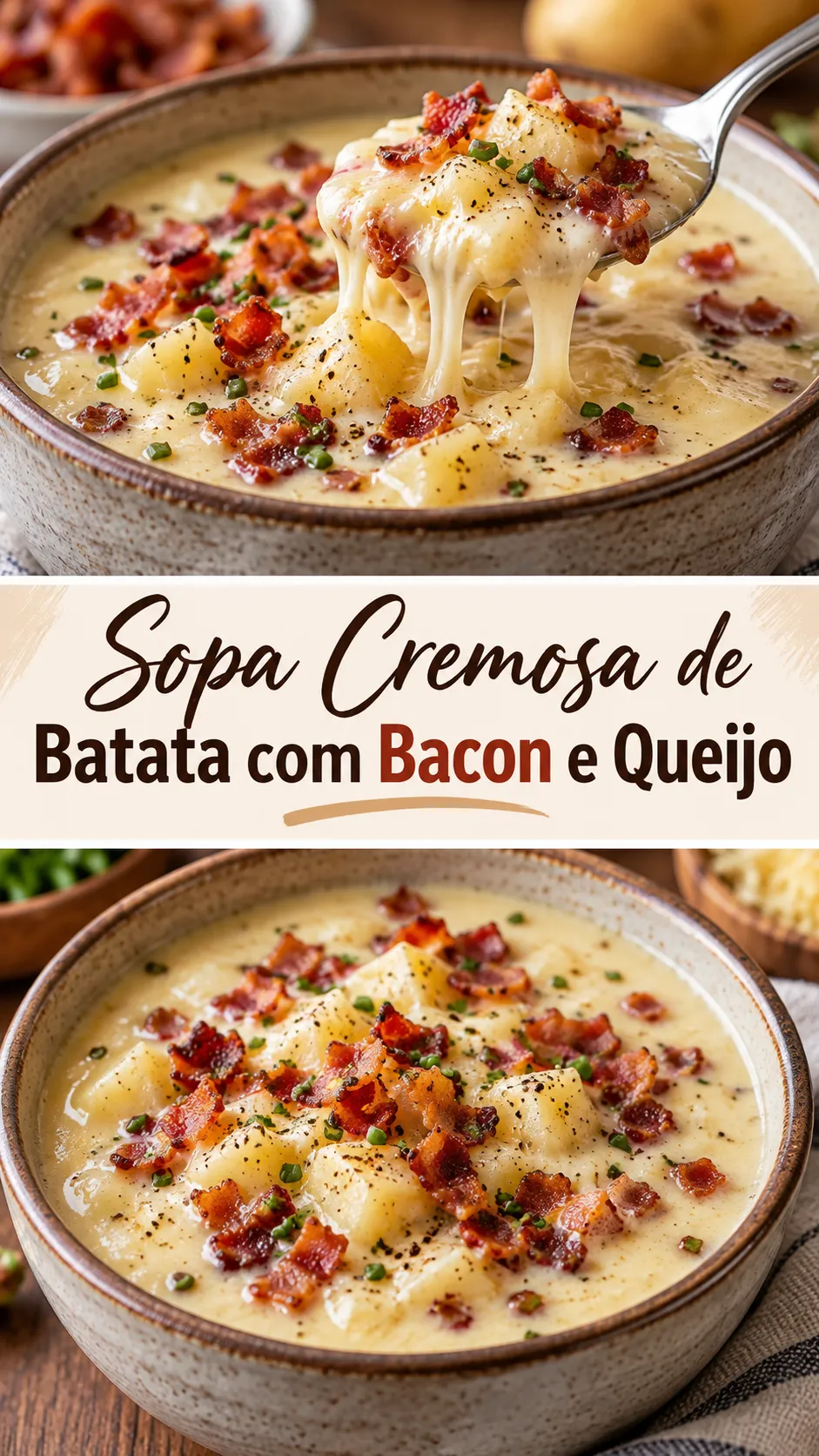 Imagem para o Pinterest com o título “Sopa Cremosa de Batata com Bacon e Queijo” e duas fotos da receita