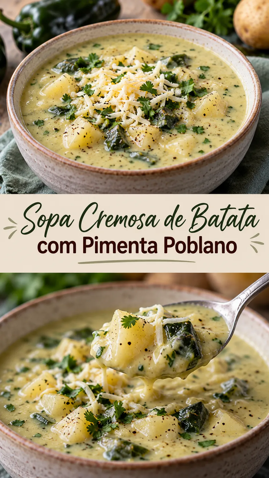 Imagem para o Pinterest com o título “Sopa Cremosa de Batata com Pimenta Poblano” e duas fotos da receita