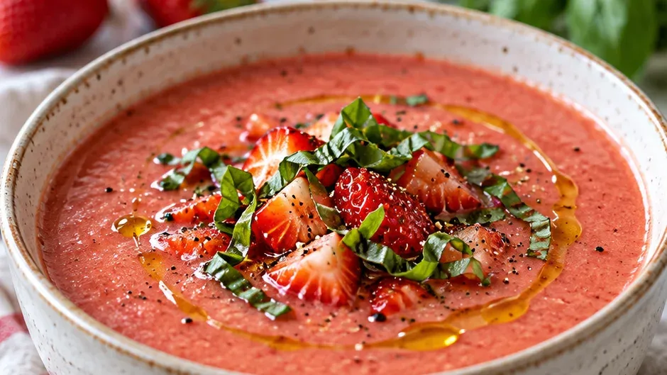 Foto de sopa Fria de Morango com Manjericão pronto para servir