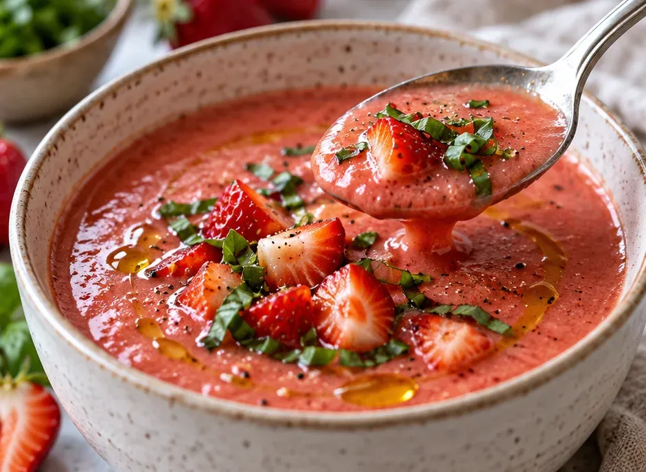 Outra foto de sopa Fria de Morango com Manjericão