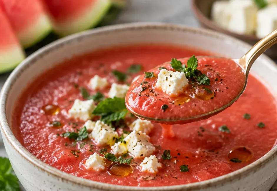 Outra foto de sopa Gelada de Melancia com Feta e Hortelã