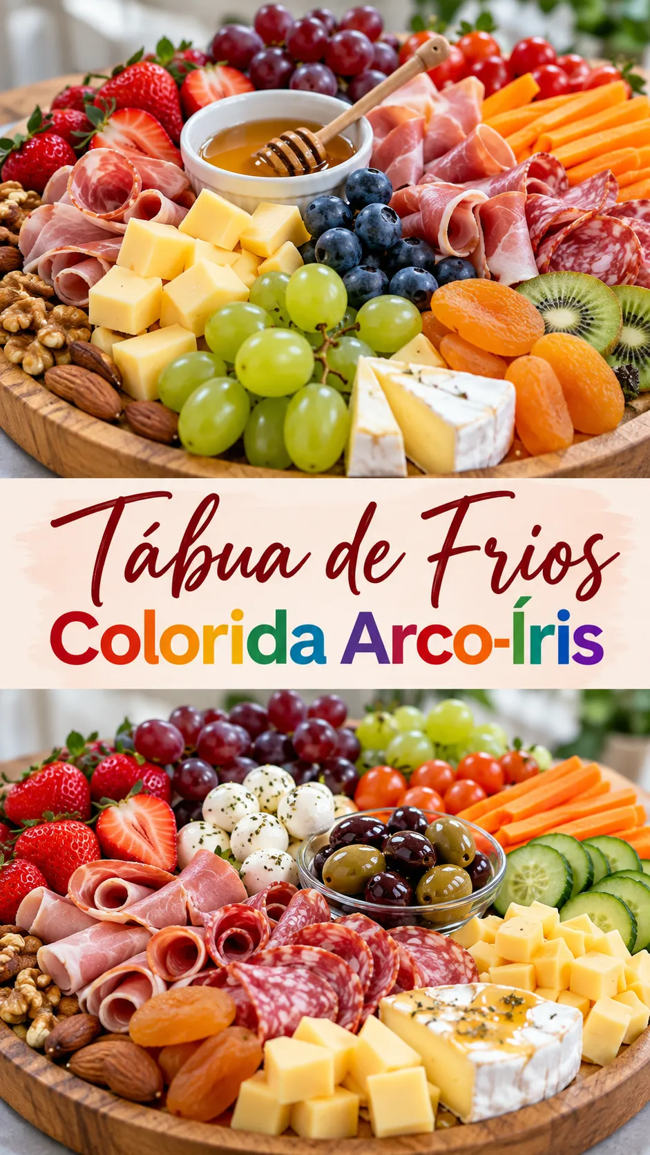 Imagem para o Pinterest com o título “Tábua de Frios Colorida Arco-Íris” e duas fotos da receita