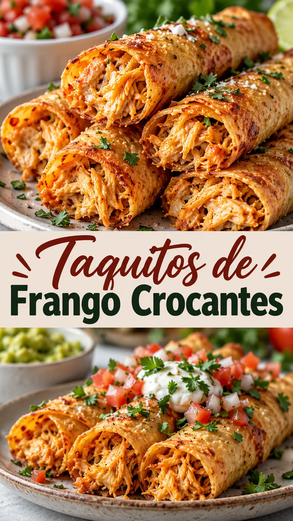 Imagem para o Pinterest com o título “Taquitos de Frango Crocantes” e duas fotos da receita