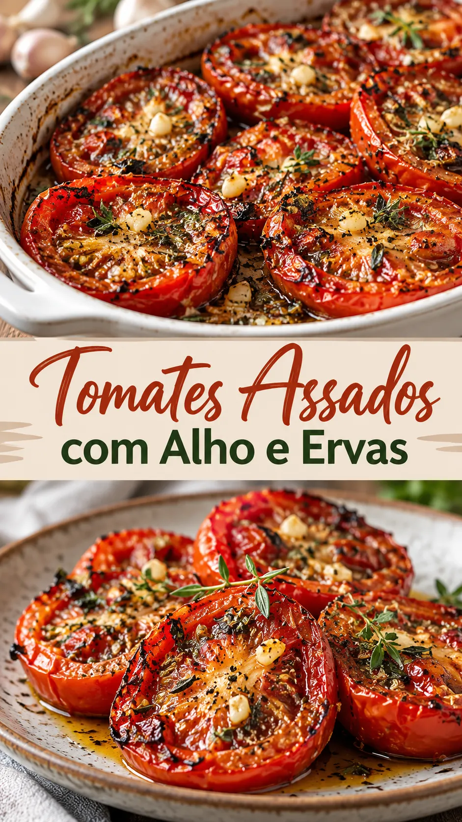 Imagem para o Pinterest com o título “Tomates Assados com Alho e Ervas” e duas fotos da receita