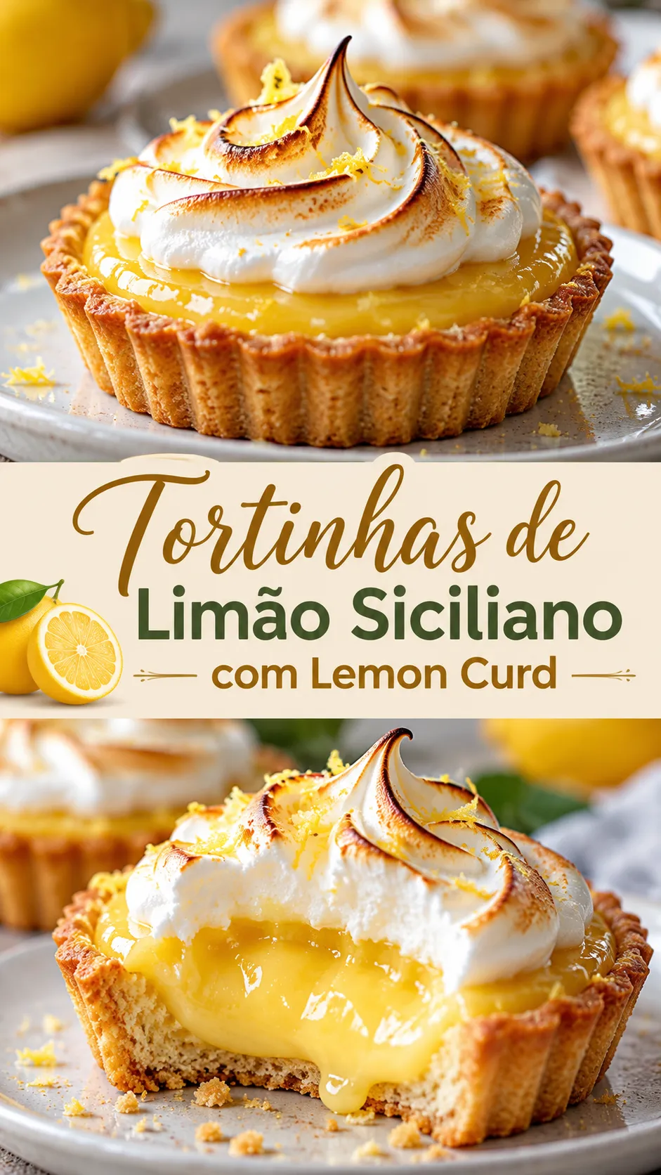 Imagem para o Pinterest com o título “Tortinhas de Limão Siciliano com Lemon Curd” e duas fotos da receita