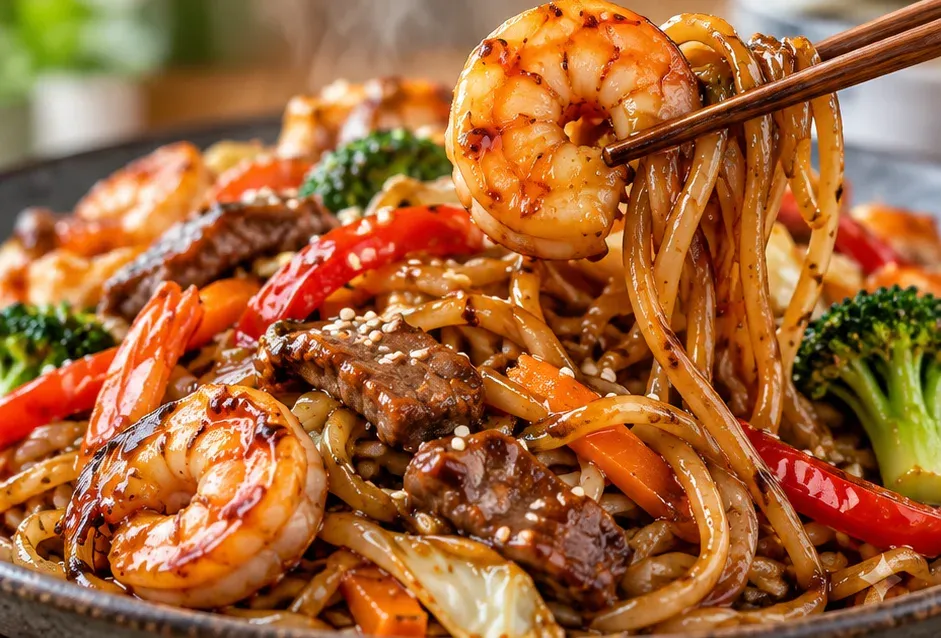 Outra foto de yakisoba de Carne e Camarão ao Teriyaki